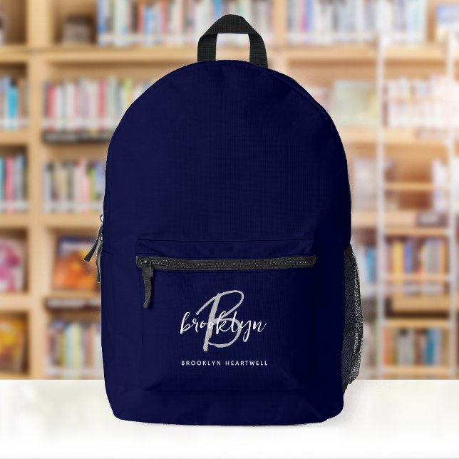 Navy Blue Grey White Script Monogram Name Printed Backpack (Creator Uploaded)