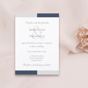 Navy Blue Grey White Stripes Ampersand Wedding Invitation