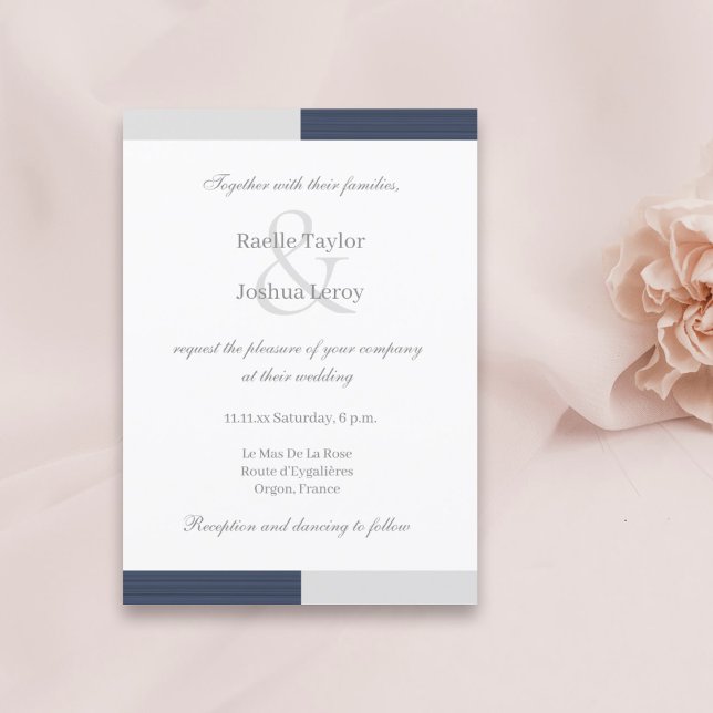 Navy Blue Grey White Stripes Ampersand Wedding Invitation (Creator Uploaded)