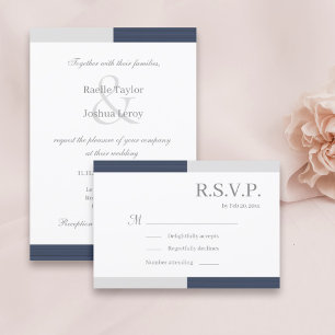 Navy Blue Grey White Stripes Elegant Wedding RSVP Invitation