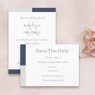 Navy Blue Grey White Stripes Save The Date Invitation