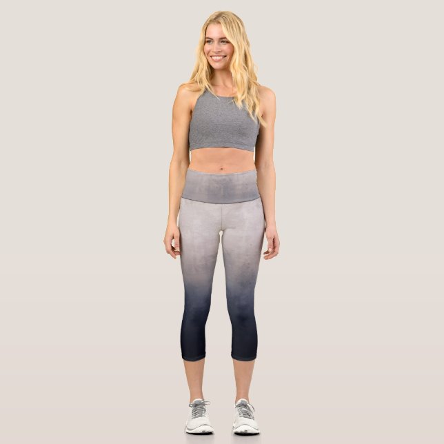 Navy Blue Grey Whitel rustic ombre Capri Leggings (Front)