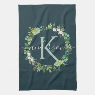 NAVY BLUE GREY WREATH FOLIAGE WATERCOLOR MONOGRAM TEA TOWEL