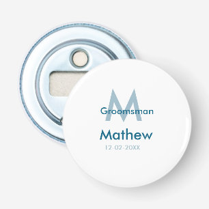 Navy blue groomsman name letter date masculine per bottle opener