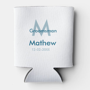 Navy blue groomsman name letter date masculine per can cooler