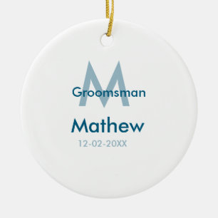 Navy blue groomsman name letter date masculine per ceramic ornament
