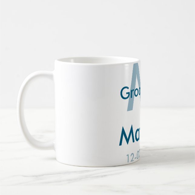 Navy blue groomsman name letter date masculine per coffee mug (Left)