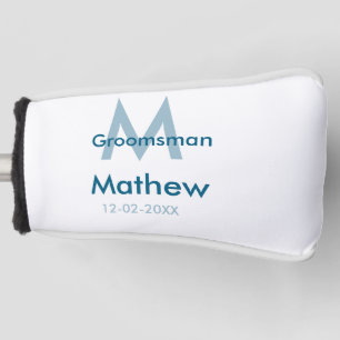 Navy blue groomsman name letter date masculine per golf head cover