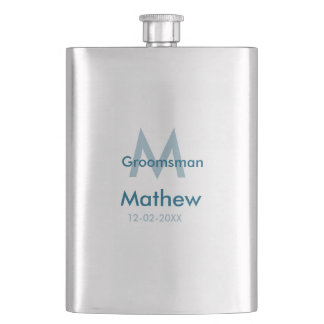 Navy blue groomsman name letter date masculine per hip flask