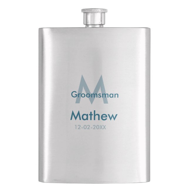 Navy blue groomsman name letter date masculine per hip flask (Front)