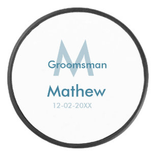Navy blue groomsman name letter date masculine per hockey puck