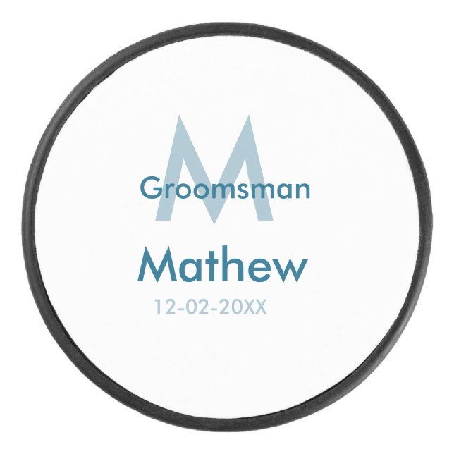 Navy blue groomsman name letter date masculine per hockey puck (Front)