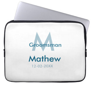 Navy blue groomsman name letter date masculine per laptop sleeve