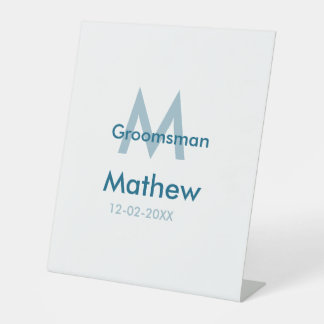 Navy blue groomsman name letter date masculine per pedestal sign