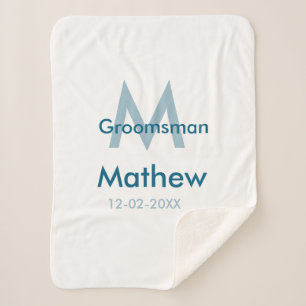 Navy blue groomsman name letter date masculine per sherpa blanket