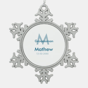 Navy blue groomsman name letter date masculine per snowflake pewter christmas ornament