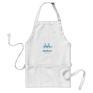 Navy blue groomsman name letter date masculine per standard apron