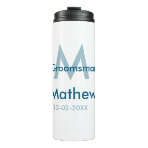 Navy blue groomsman name letter date masculine per thermal tumbler