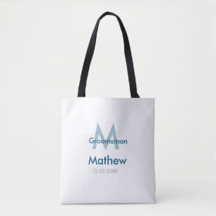Navy blue groomsman name letter date masculine per tote bag