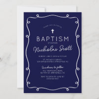 Navy Blue Hand Drawn Baptism Invitation