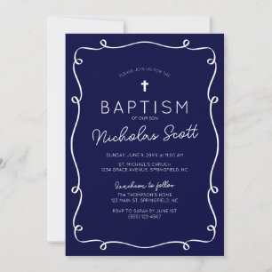 Navy Blue Hand Drawn Baptism Invitation