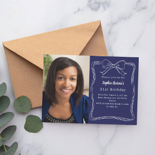 Navy blue hand-drawn bow photo birthday invitation