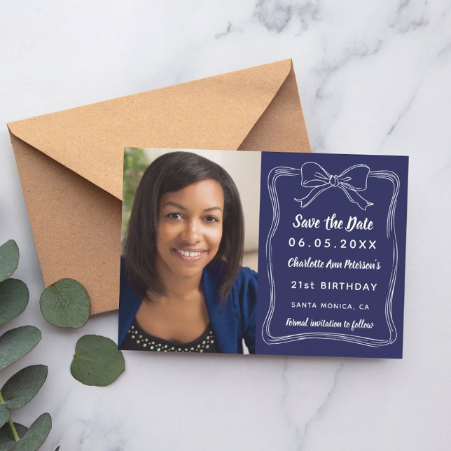 Navy blue hand-drawn bow photo birthday save the date (Creator Uploaded)
