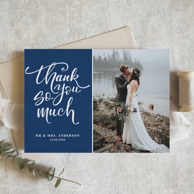 Navy Blue Hand Lettered Photo Wedding Thank You Card (Creator Uploaded)