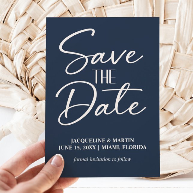 Navy Blue Hand Lettered Script Wedding  Save The Date (Navy blue and white wedding Save the Date photo card)
