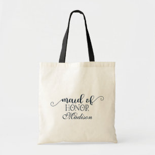 Navy Blue Hand Lettered Wedding Maid of Honour Tote Bag