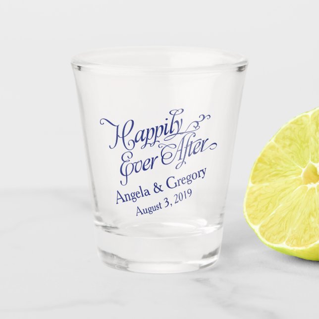 Navy Blue Happily Ever After Wedding Shot Glass (Front)
