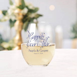 Navy Blue Happily Ever After Wedding Stemless Wine Glass