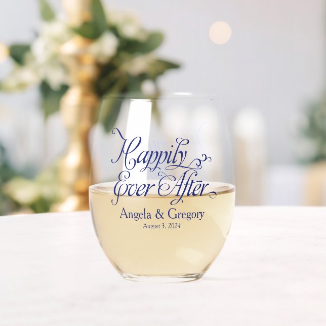 Navy Blue Happily Ever After Wedding Stemless Wine Glass (Insitu (Wedding))