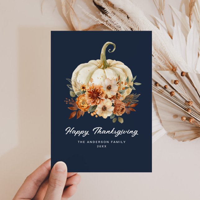 navy blue happy thanksgiving floral card (Creator Uploaded)
