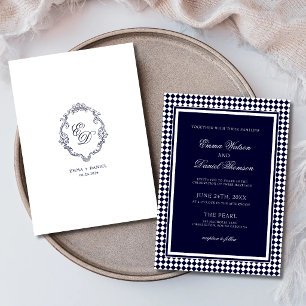 Navy Blue Harlequin Border Crest Monogram Wedding Invitation