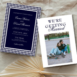 Navy Blue Harlequin Border Photo Back Wedding Invitation
