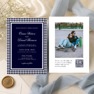 Navy Blue Harlequin Border Photo QR Code Wedding Invitation