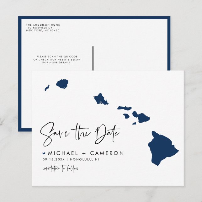 Navy Blue Hawaii State Map QR Code Save the Date Announcement Postcard (Front/Back)