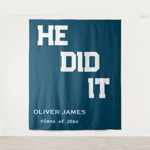 Navy blue he did it graduation party backdrop tapestry