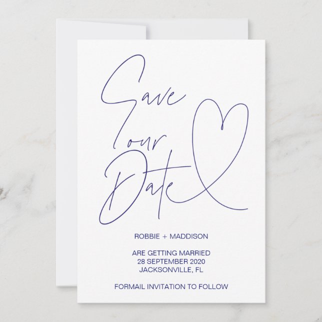 Navy Blue Heart Save Our Date Wedding Invites (Front)