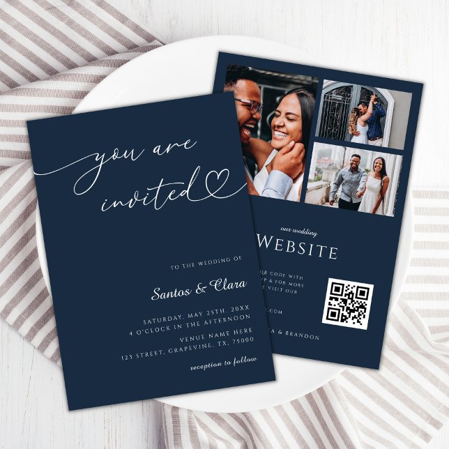 Navy Blue Heart Script 3 Photo Collage Wedding Invitation (Creator Uploaded)