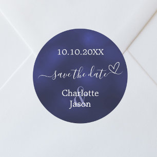 Navy blue heart wedding Save the Date Classic Round Sticker
