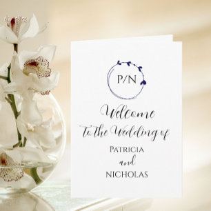 Navy Blue Heart Wreath and Initials Wedding Program