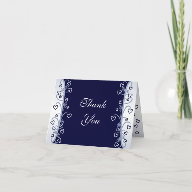 Navy Blue Hearts Scrolls Thank You Card (Front)