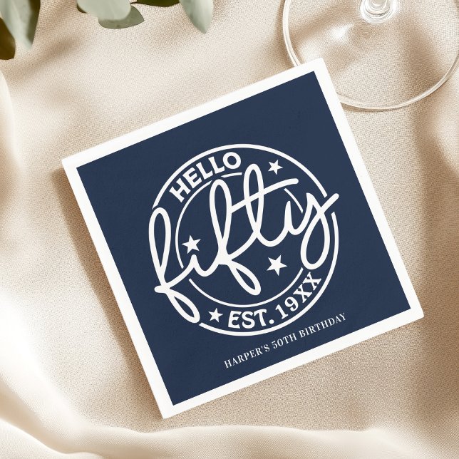 Navy Blue Hello Fifty 50th Birthday Napkin (Creator Uploaded)