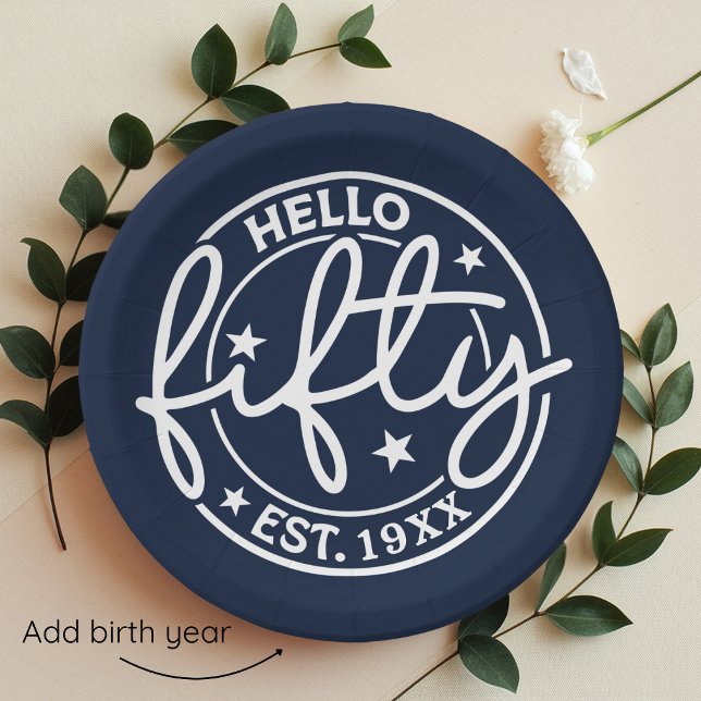 Navy Blue Hello Fifty 50th Birthday Paper Plate (Creator Uploaded)