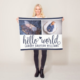 Navy Blue Hello World Monogram Baby Stat Fleece Blanket