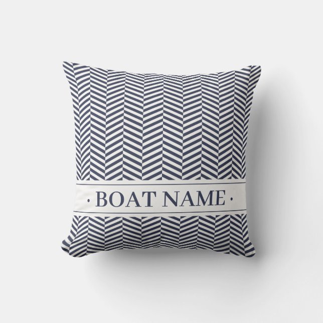 Navy Blue Herringbone Decor with Boat Name. Cushion (Front)