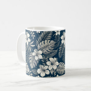 Navy Blue Hibiscus Monstera Tropical Botanical Coffee Mug