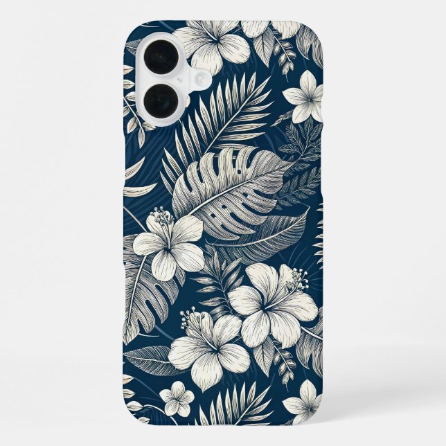 Navy Blue Hibiscus Monstera Tropical Botanical iPhone Case (Back)